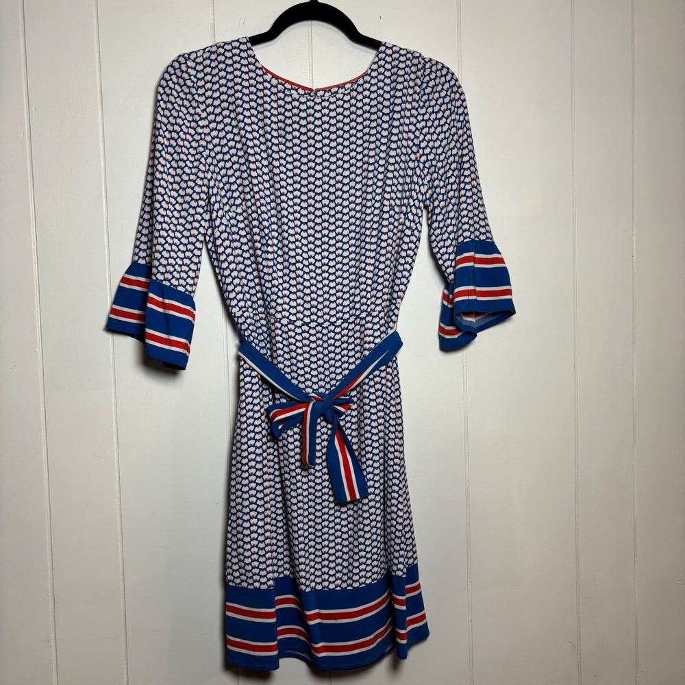 Boden Andrea Blue Floral Bell Sleeve Belted Fit Flare Dress Size 6 Mod Retro